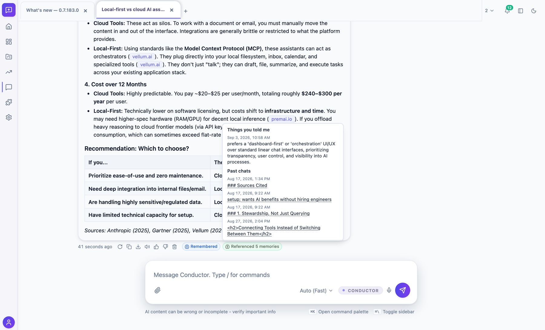The Conductor popover listing the memories behind an answer