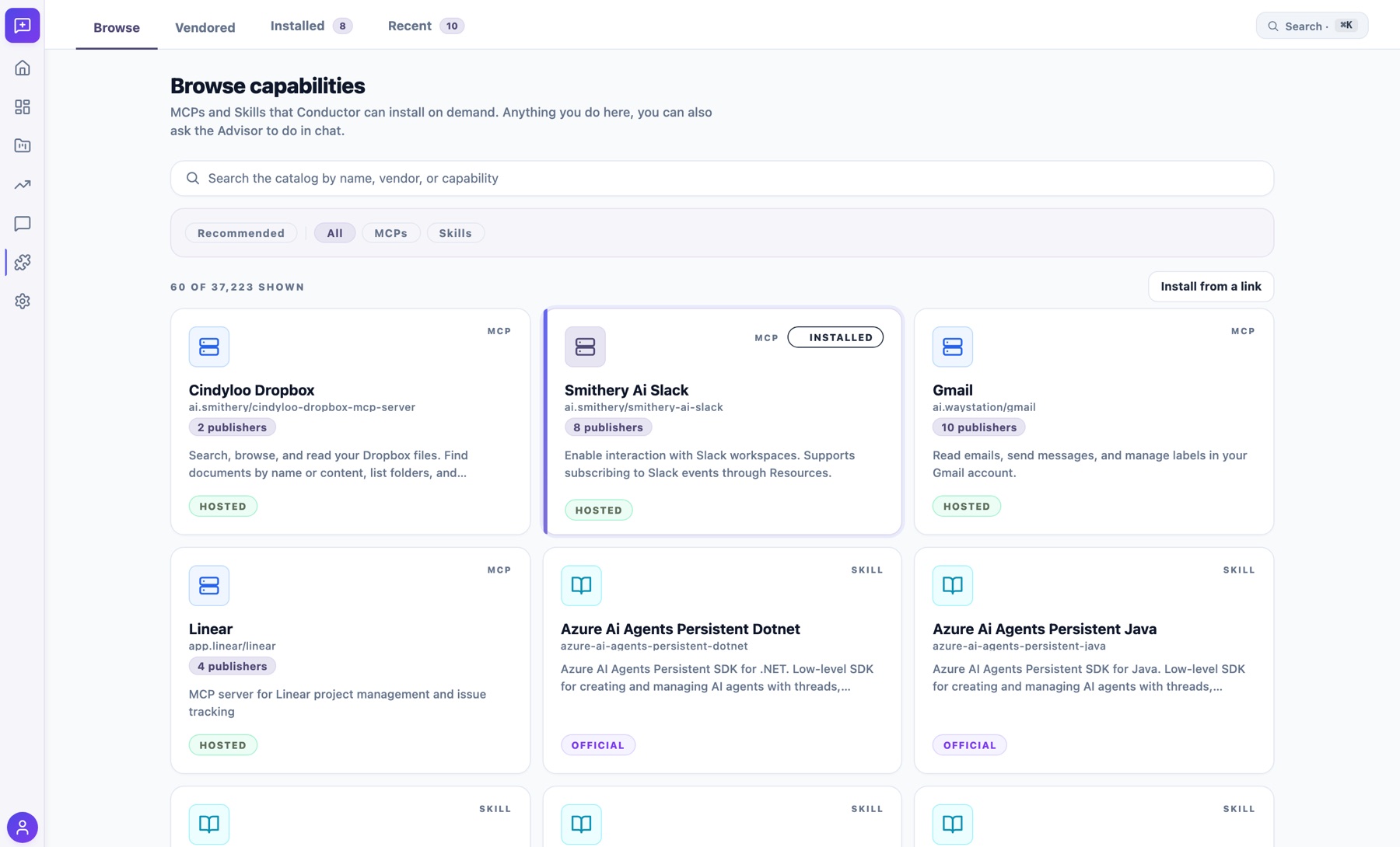 The Conductor capabilities catalog of MCP servers and skills