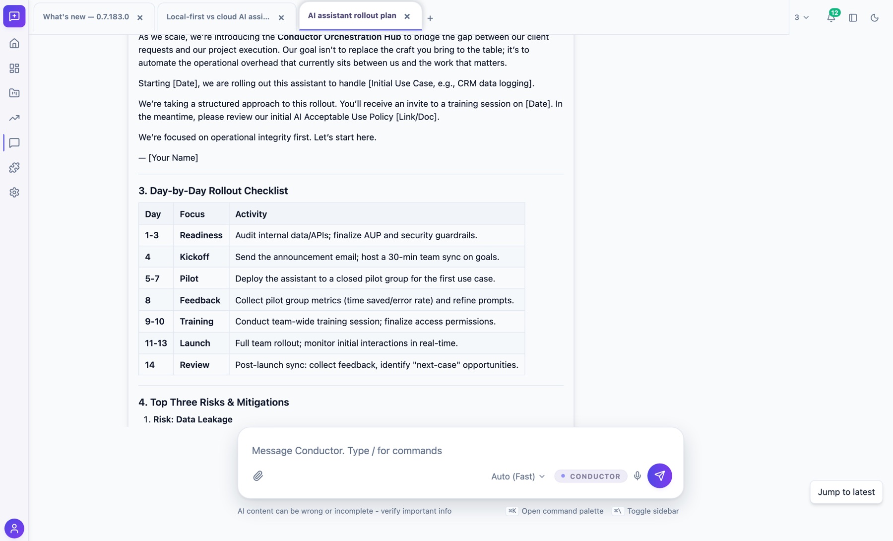 A multi-step rollout plan with a day-by-day checklist table in Conductor's light theme