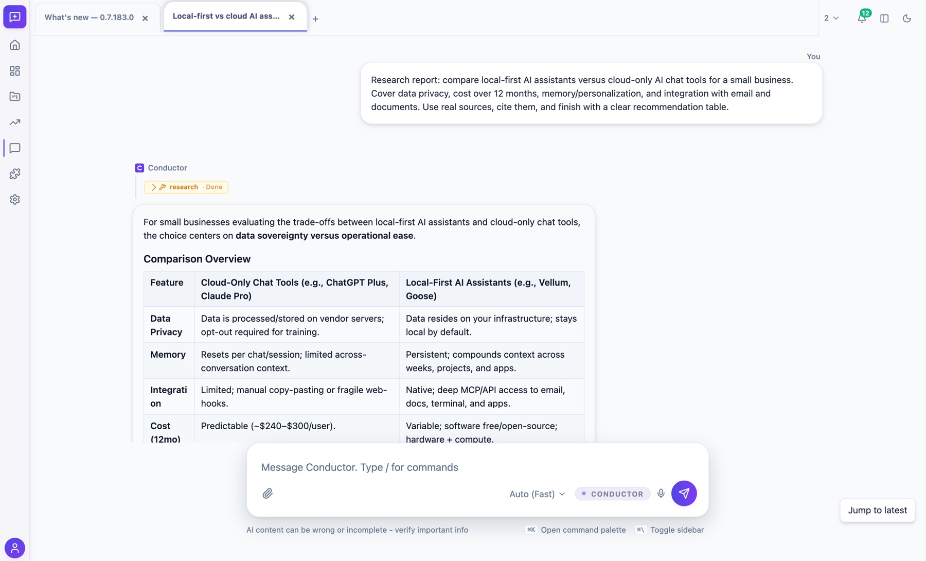 A Conductor research report with a comparison table
